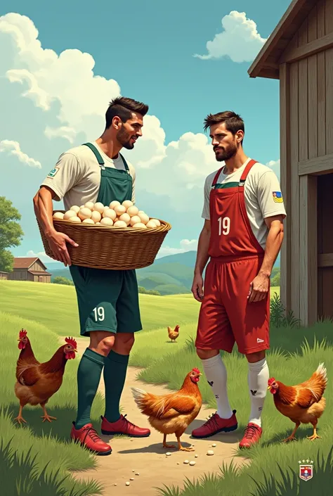 "A detailed illustration of two soccer players Cristiano Ronaldo and Lionel Messi, depicted as generic characters, on a farm. One is holding a basket full of chicken eggs while the other feeds the chickens. Both are dressed in casual farm attire, surrounde...