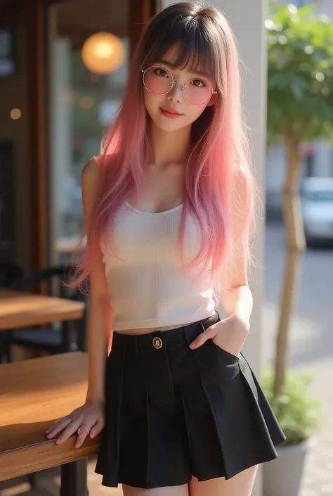 ((Best Quality)), ((Masterpiece)), (Details), incredibly photo-realistic. 20-year-old Asian woman, very beautiful, lovely and charming, fair skin, the most delicate face, wearing round glasses,well-proportioned, long pink hair with different shades of pink...