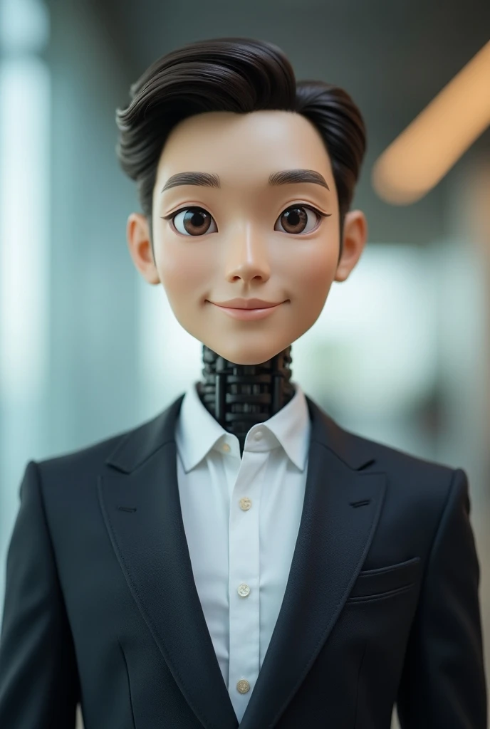 “A half-body portrait of a cute, youthful Thai male humanoid robot office worker with fair, synthetic skin, large expressive eyes, and a friendly demeanor, working in a bank. He is facing straight toward the camera, wearing professional business attire suc...