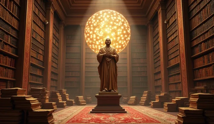 "A majestic library filled with ancient Persian scrolls and books, with a larger-than-life statue of Maulana Rumi at its center, surrounded by glowing orbs of light representing his profound ideas. The scene exudes wisdom, serenity, and intellectual grande...