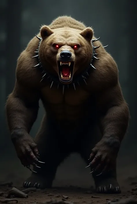 Draw me an angry bear with red eyes and a spiked colar 