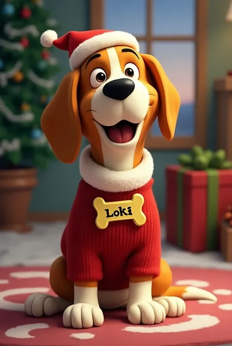  Create a lemon beagle dog with the characteristics ; Male dressed for Christmas and sitting , That it has a plate on its neck in the shape of a bone that says Loki and that it is animated like the Simpsons 