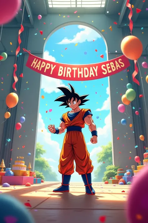  Create a colorful 4k warehouse of the character Goku at a birthday party . Where a text appears that says happy birthday Sebas . This is a party celebrating s of a male .