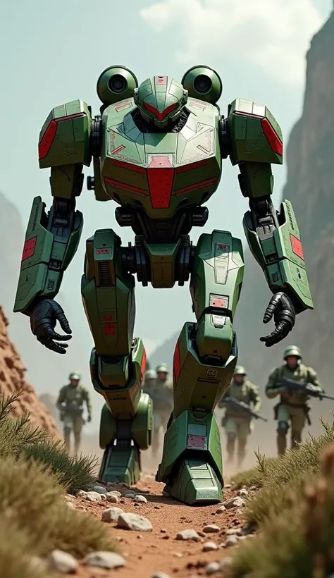 "An Italian combat robot, painted in metallic green, white and red, Soldiers march resolutely with their leader, navigating a rugged battlefield."