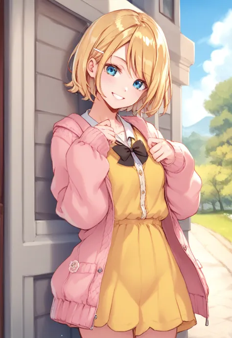 score_9, score_8_up, score_7_up, score_6_up, score_5_up, score_4_up , 1GIRL, rin kagamine, blonde hair, blue eyes, hair bow, short hair, yellow dress, pink cardigan, smile, looking at viwers, daisy, day, HDR, 32K, 8K, 4K, 