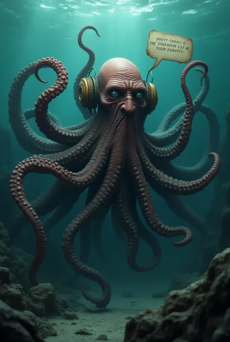 Davy jones de pirates des caraïbes en poulpe, avec un gros et vieux sonotone sur l oreille droite, en Scaphandrier, fouillant dans les abysses, à cotés dun bateau polarcirkel coulé avec écrit dans une bulle: "NON DE DIEUX!!! Ou sont passé ces lunettes!?"
