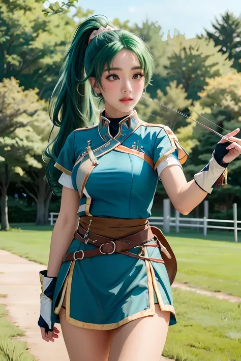 (masterpiece, best quality),  intricate details,
1girl,   lyn_(fire_emblem), 1girl, solo, ((green hair)), long hair, green eyes, high ponytail, blue dress, large breast, jewelry, fingerless gloves. hair ornament, lyn_(fire_emblem),
shooting range, she is h...