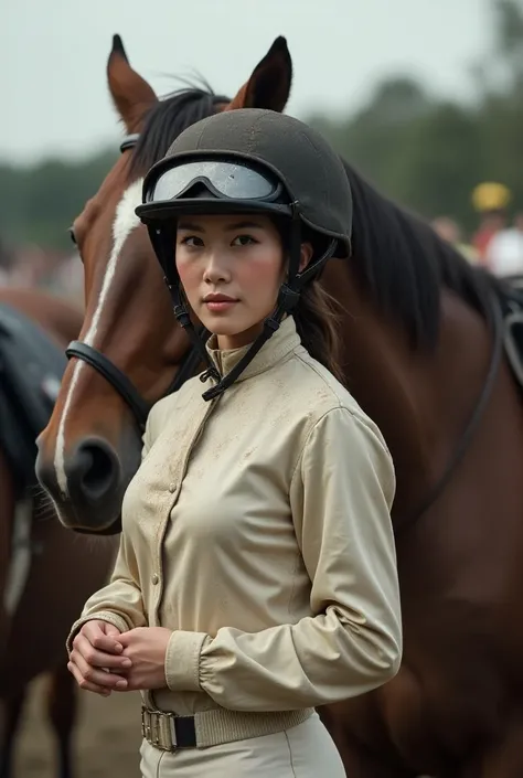  after a Japanese female jockey fell off a horse during a horse race and was stepped on her body by a group of horses coming from behind, shortcut ,  portrait,Model,  white pants,(Small Ass),goggles,Cracked helmet,Dirty uniform 