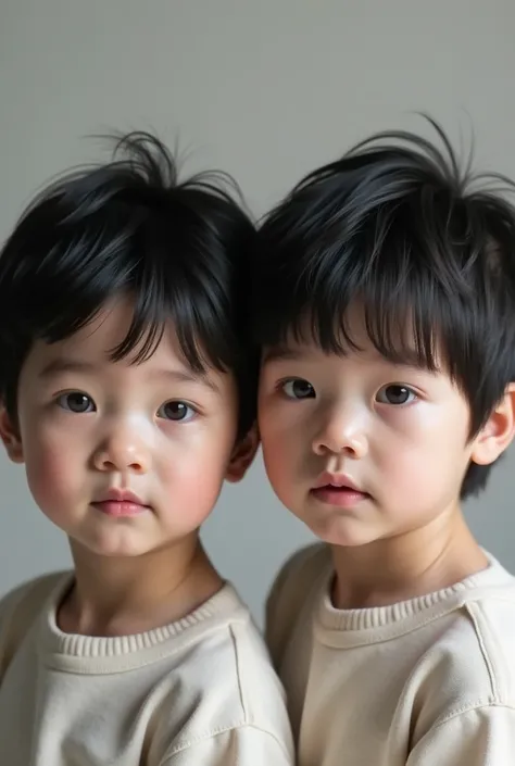 (photorealism:1.2), toddler twin boys, dark black hair, light grey eyes, detailed eyes, detailed lips, extremely detailed face, (best quality,8k,highres,masterpiece:1.2), (realistic,photo-realistic:1.37)