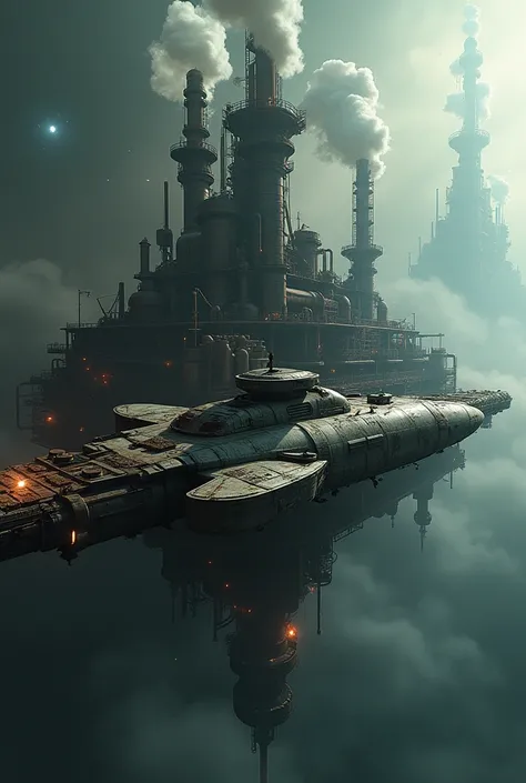 A panoramic virw of a post Apocalyptic shuttle connected to a gigantic refinery in space