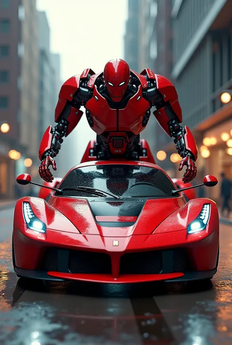 

" A bright red Ferrari in motion ,  with ultra realistic details ,  beginning to transform into a robot .  The car is in the middle of the metamorphosis process ,  with parts of its body folding ,  fitting and reorganizing itself into mechanical forms , ...