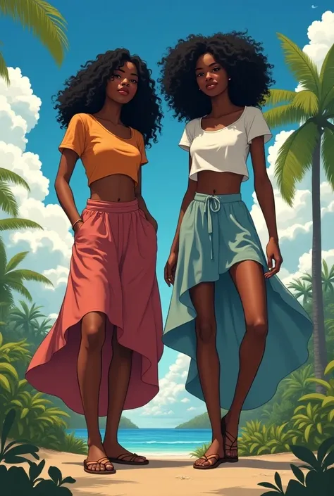 Two black women, they are black skin and black hair, they both wear t-shirts and skirts, anime style, realistic wide shot 