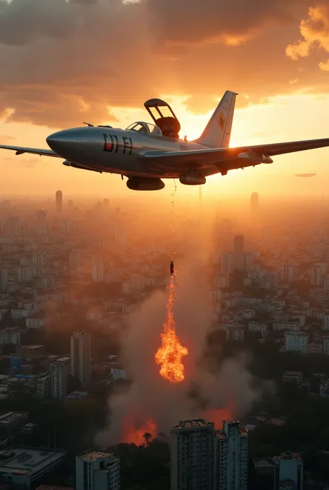 A warplane flies over the city of São Paulo and welds a bomb from its compartment. The view of the city is panoramic, and the city is full of monsters. Its late afternoon and the sky is already orange because of sunset. The plane is in a prominent position...