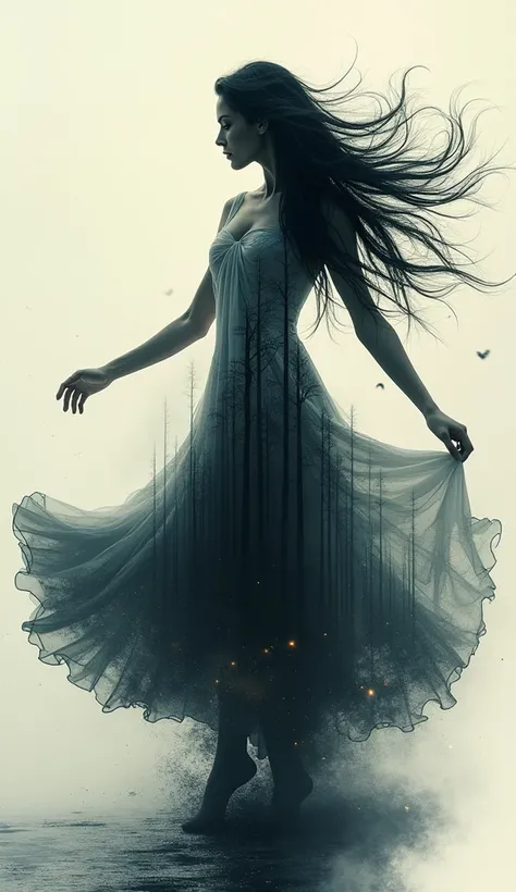 The image features a stunning double exposure effect that combines the silhouette of a beautiful woman, long black hair, dancing ballet with a serene forest scene. The beautiful womans head is clearly defined, strikingly contrasting with the softer, more e...