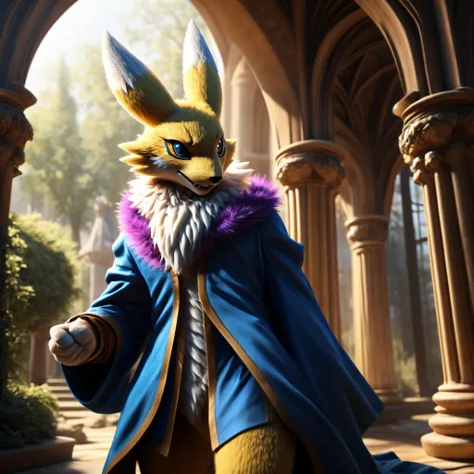 A fat Renamon, a humanoid fox digimon, stands alone in the scene. The main focus is on the detailed portrayal of this character. The Renamon has soft fur, which is shown in exquisite detail, highlighting its playful and vibrant facial expression and its ch...