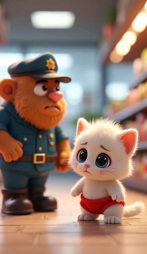 make a picture of a cute white kitten wearing red panties is sitting sad because in front of her there is a supermarket guard scolding her.  "create a 3D animated Disney Pixar style image "