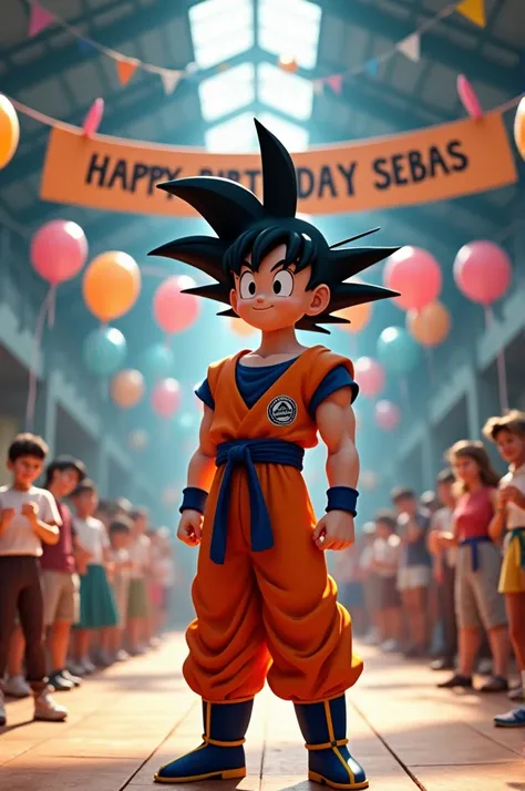  Create a colorful 4k warehouse of the character Goku at a birthday party . Where a text appears that says happy birthday Sebas .  This is a party celebrating a boys 8th birthday.