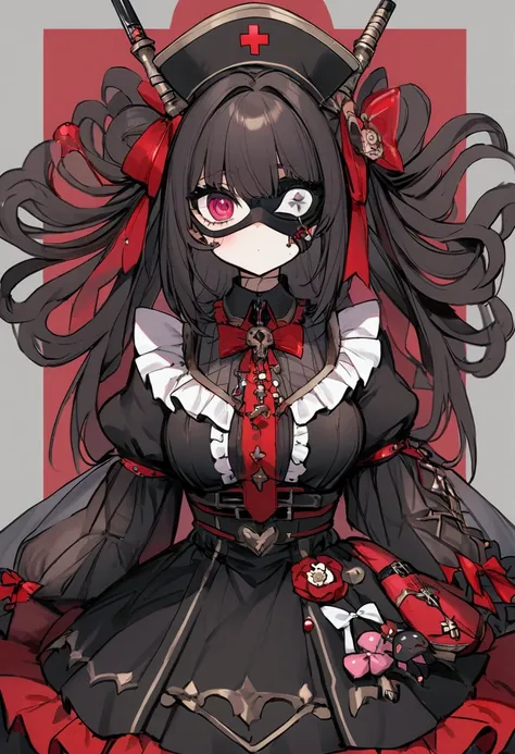 cute, Anime Girl，Gorgeous skirt，Gloves，curls，Exquisite dress，Bow，Ruffles，Ribbon，bandage，nurse style background， Huge Syringe，pill，Red Cross ， Unilateral Eye Mask ，love decoration，Subculture， morbid ，bloody，lol，