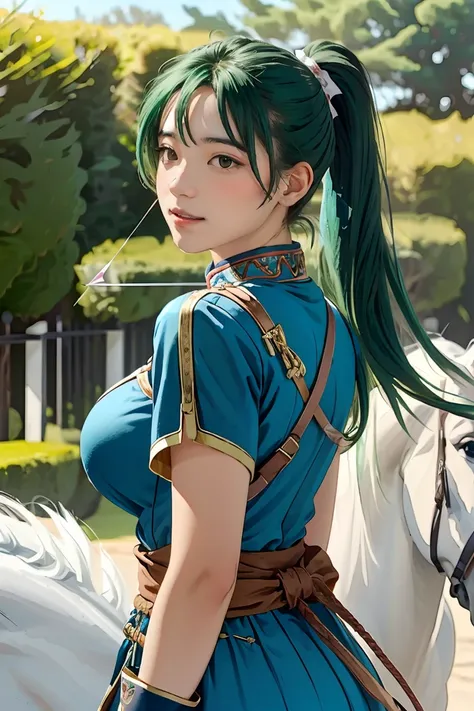 (masterpiece, best quality),  intricate details,
1girl,   lyn_(fire_emblem), 1girl, solo, ((green hair)), long hair, green eyes, high ponytail, blue dress, large breast, jewelry, fingerless gloves. hair ornament, lyn_(fire_emblem),
shooting range, she is h...