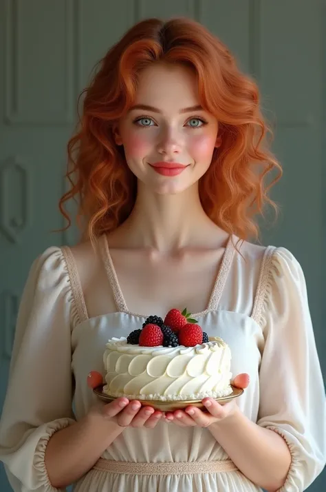 create a woman in her 30s, with curly red hair and blue eyes, wearing a modest dress. and holding a cake that she made herself very realistic natural, 8k realistic