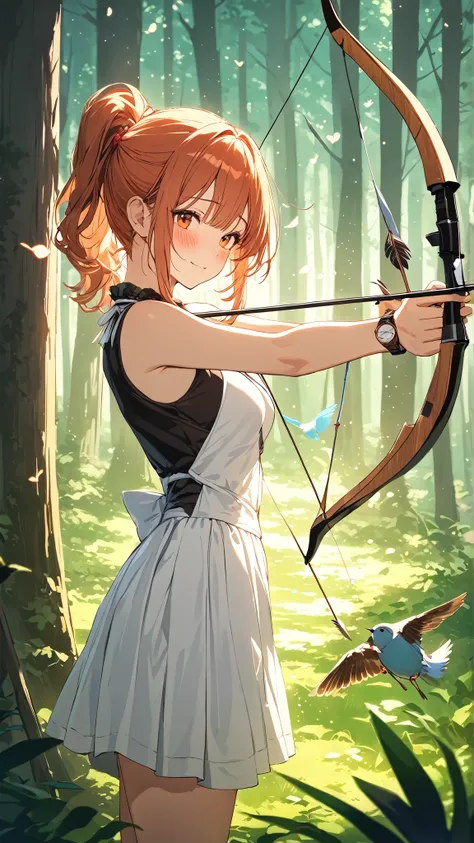 1 girl, ( cute face),  ponytail, to many hairstyle, (blush:1.2),  watch viewers ,  medium breasts,  Fantasy Archer Clothes, Bow and Arrow,  , cowboy shots,  break,  bright sunlight, ( Vibrant Light :1.3), (Atmosphere of Love :1.3), break, In the forest,  B...