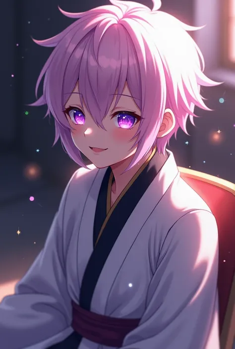 1boy, light pink white hair, mysterious sparkling purple eyes, sitting on a chair smiling, wearing ((kocho shinobu)s robe), scene of sitting near ((uchiha sasuke)) in ninja class,8k,(( great work))((masterpiece))((extremely beautiful))