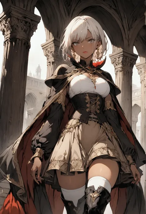 (masterpiece),(best quality),(ultra-detailed),(best illustration),(best shadow),(absurdres),(detailed background), 1girl, thighhighs, dark-skin, short-hair, cape, dark-skinned-female, high-heels, solo, white-hair, standing, jewelry, chain, pillar, stained-...