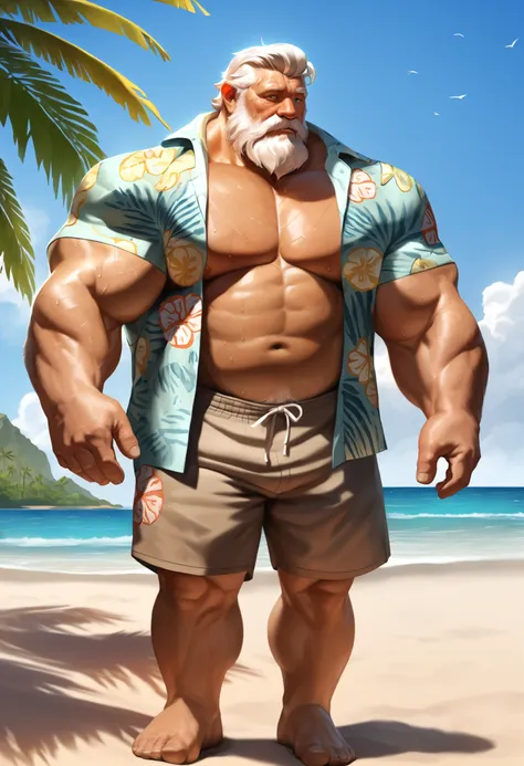 solo, 1boy, Muscular Old man, wide shoulder, pectoral, thick arms, huge pectoral, wide pectoral, beach, short white hair, detailed eyes, shorts, sweat, hawaiian shirt, open shirt, masterpiece, semirealistic:1.2, high detailed, 8k, high resolution