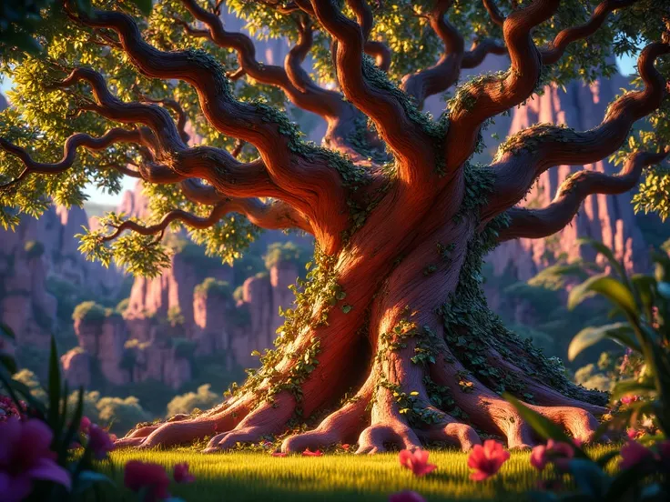  Tree of Knowledge of Good and Evil, now shaded and mysterious ,  highlighting the brilliant fruits . Disney Pixar 3d 