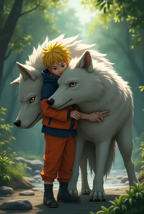 Naruto hugging the 7-tailed wolf 