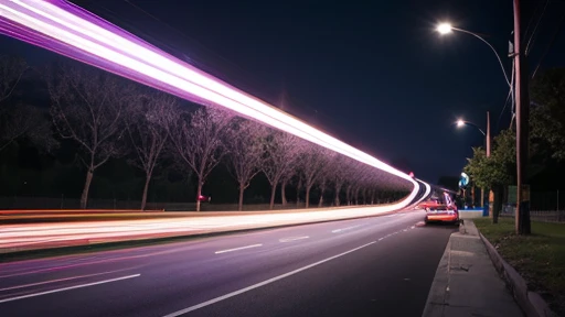 Structure plan :

background: Night highway。 Streetlights and car lights create a sense of rhythm like a beat。

element:  How a car runs while drawing a path of light along the road 。backgroundに心電図のような光の波形が浮かび上がる。

tone: green、Purple、A futuristic color sch...