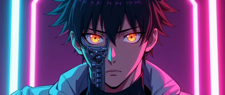  subscribe color purple with neon color on the side with a background male anime character with a half face cyborg and golden eyes