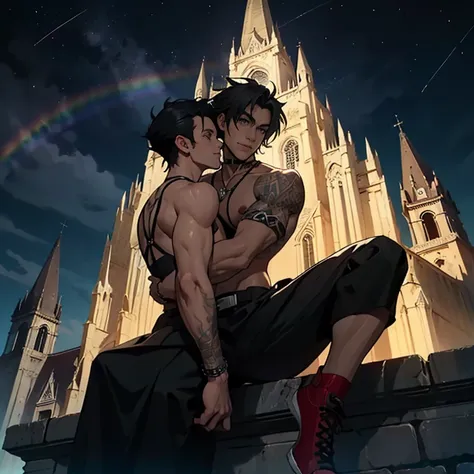 Three hunk blak man,.two are in the front kissing and one in yhe back hugging Both. Ancient cathedrals, Dark black man, sitting over the top of a gothic ancient ruins church, sead face, dark eyes , ild gothic church , nasty smile, oriental face,  rainbow,
...