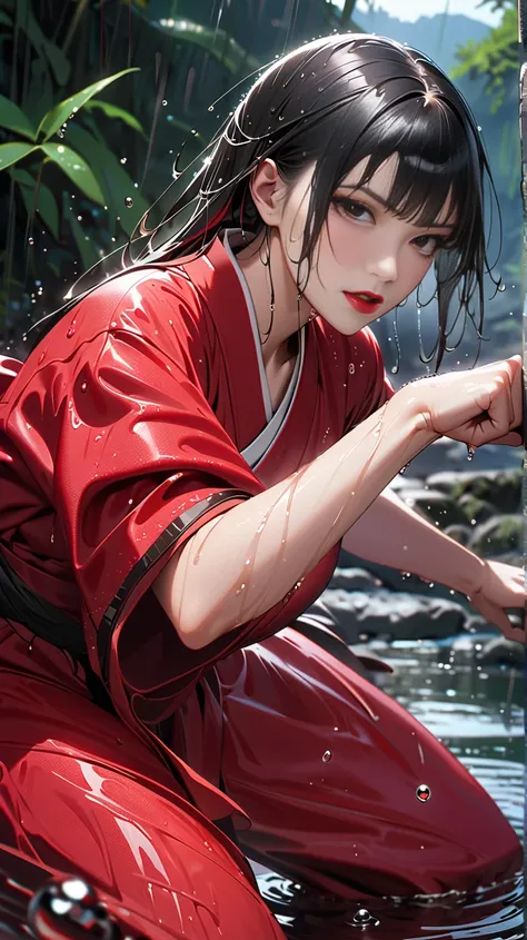 1girl, v-shaped face, (red lips:1.6), (red hanfu:1.4), black hair, barefoot, full body, (fighting pose:1.2), outdoors, (water drop:1.4), (wet clothes:1.4), (wet hair:1.2), portrait, (closed up:1.2), masterpiece, best quality,high-resolution image,High qual...