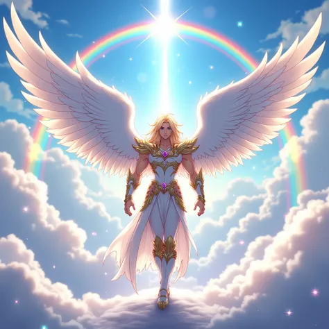 Seraphim male angel full of pairs of white wings scenery heavenly world filled with rainbows and wonder
Saint Seiya style ( Make the features in Saint Seiya Anime 4K )