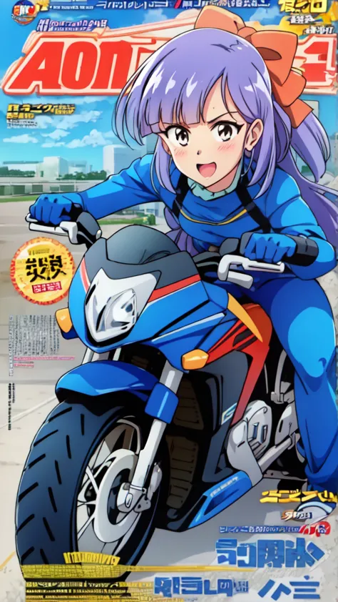 anime illustration  , 1 person,    hair bow、  motorcycle riding 　  race queen 　  magazine cover