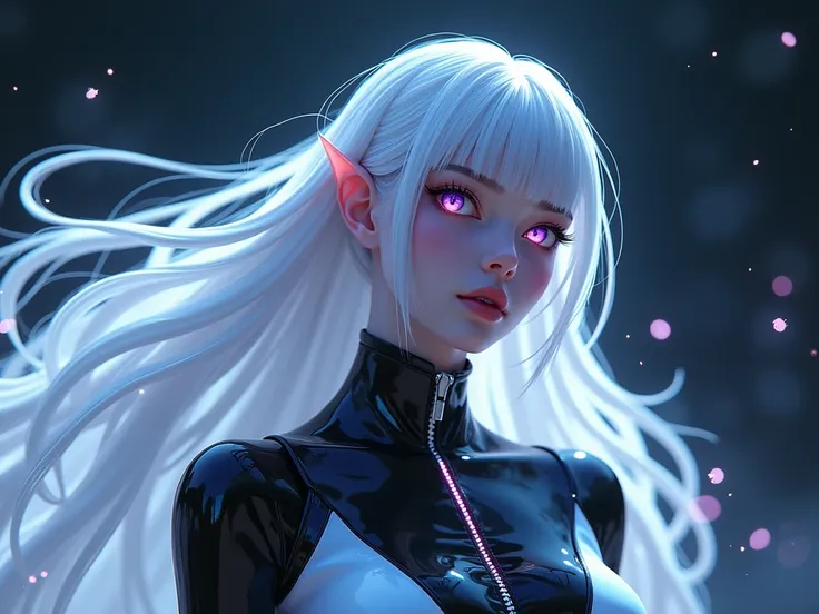 (masterpiece, best quality) detailed, 1Character , blue archive art style , wearing Black bodysuit, silver accents , zip up , futuristic, shiny , Beautiful woman , pale skin , purple eyes ,elegant, regal , pure white hair , pointed ears , long eyelashes , ...