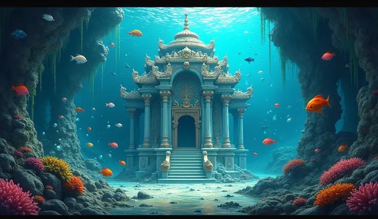 (( best quality)), ((masterpiece)), (  Details), Undersea Temple、 colorful 、No people、 colorful な魚の群れ、 light coming in from above 、Bubble