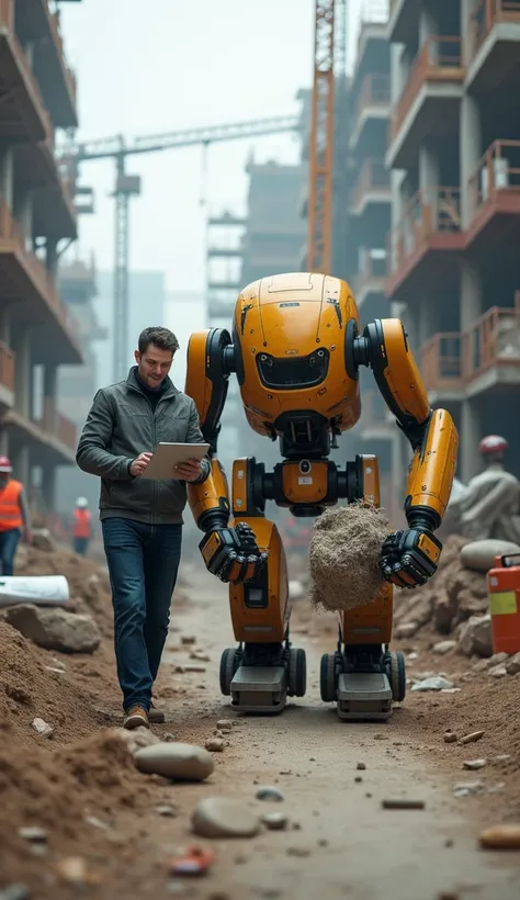 a man messing with his notebook and a robot carrying heavy parts in a civil construction