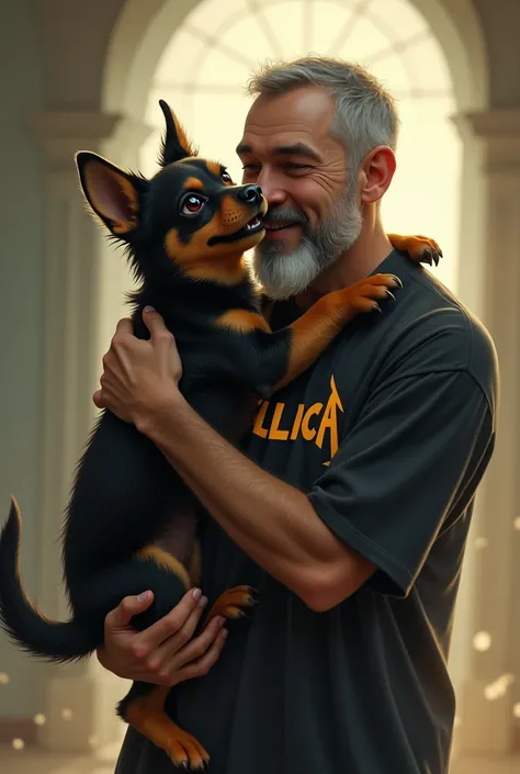 A very small dog like caramel paws and an adult black body ,  welcoming me after my death with a hug on me a half-bald man with short gray hair,  white barbarity on the goatee and a black beard on the face with a shirt written Metallica 