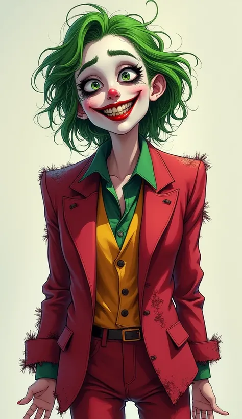 A highly detailed, cartoon-style illustration of a chaotic and troubled woman, inspired by the Joker’s look in Joker (2019). She has a pale, almost white skin tone with dark, exaggerated eye makeup that extends to her temples, giving her a manic, unsettlin...