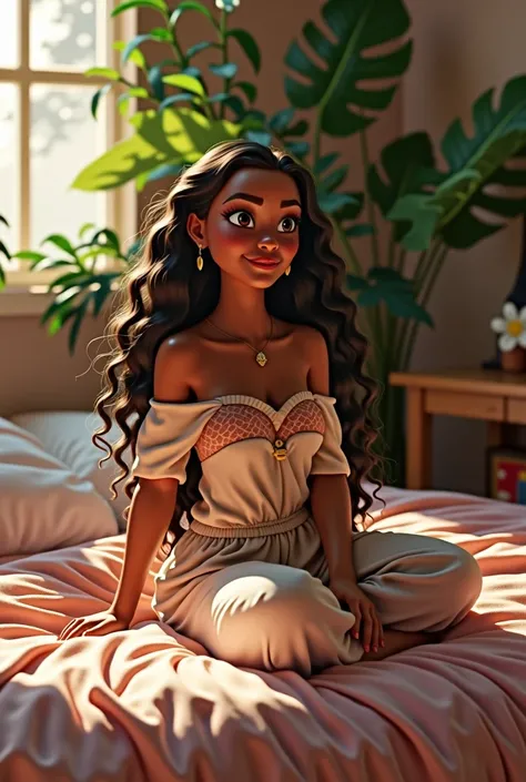 (photorealism:1.2), Moana, sitting on bed, wearing loose off-shoulder top, pajama pants, long curly hair, indoors, soft lighting, plants in background, window with sunlight, cozy room, relaxed pose, realistic, intricate details, HD, 8k