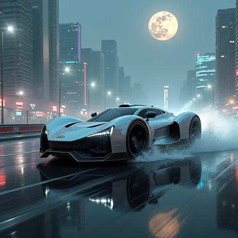 Um carro futurista AUDI armado corre pela pista molhada e reflexiva ,  Spreading water on all sides of a cyberpunk city  .  The city is full of neon lights  , nevoeiro e alto , angular buildings  .  The car is silver-gray and has an aggressive and elegant ...