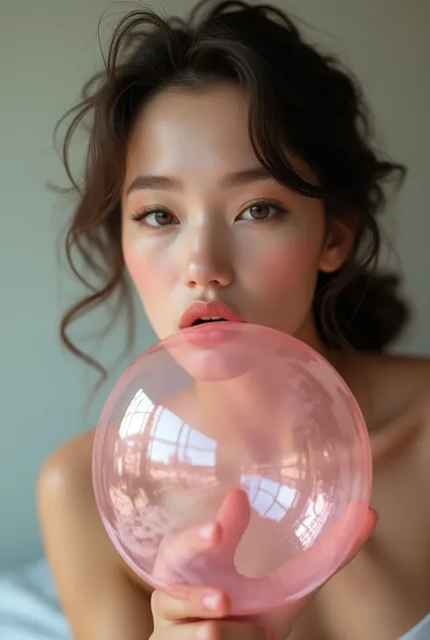 Realístico beautiful woman blowing a big bubble with bubblegum 