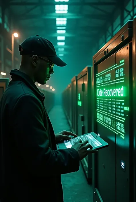 Industrial warehouse interior with flickering lights casting dramatic shadows. A spy connects a futuristic device to a digital safe. Holographic numbers spin as the spy types commands, culminating in Code Recovered glowing in green. high quality, 8k, ultra...