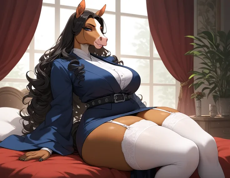 score_9, score_8_up, score_7_up, score_6_up, score_5_up, score_4_up, source_anime, source_furry, best quality, masterpiece, 1 female, (anthropomorphic horse, furry, ) goth , black curly long hair,dark blue samurai clothes, dark blue  skirt, garter belt  st...