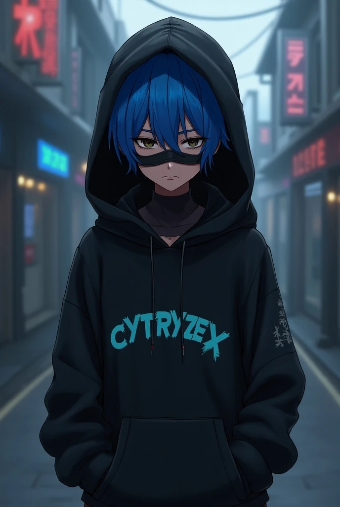 An anime boy wear hoodie & mask and his hoodie name cytryzex’