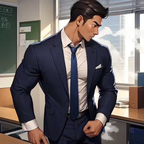 office、teacher、gentlemen、male、suit、 long sleeve shirt、tie、30歳のmale、Muscular、Strong、 shorthair 、 Tanned Skin、Sweating、hot、Steam from the side、 Steam from Chest 