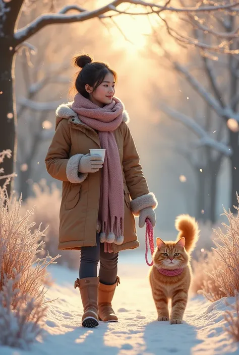 ,  a beautiful Indonesian woman with hair in a winter morning tie, seorang  gadis cantik indonesia muda bahagia dengan rambut di ikat berwarna  cat and comfortable clothes and boots ,  scarf and gloves holding warm coffee ,  walk with angora cat of yellow ...