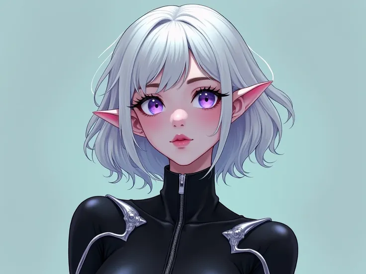 (masterpiece, best quality) detailed, 1Character , blue archive art style , wearing Black bodysuit, silver accents , zip up , futuristic, shiny , Beautiful woman , pale skin , purple eyes ,elegant, regal , pure white hair , pointed ears , long eyelashes , ...